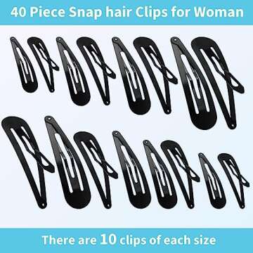 40 Piece Snap hair Clips for Woman, Large Metal Hair Barrettes with Storage Box, Nonslip Hair Pins Accessories for Women, Girls, Kids, Teens - 1.9", 2.3", 2.7", 3.1" Sizes(Black)