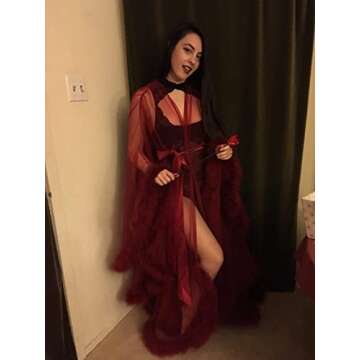 i Dui Bridal Old Hollywood sexy robe boudoir robe Sexy Feather Robe Tulle Illusion Long Wedding Scarf Custom Made (Burgundy, M)