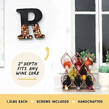 will's Metal Wine Cork Holder - Letters A to Z | Modern Housewarming Gift, Home Bar Decor Wine Gift, Wine Bar Decor, Wedding Registry Items | Large Wall Art | Wine Gifts for Women, Black Large (R)