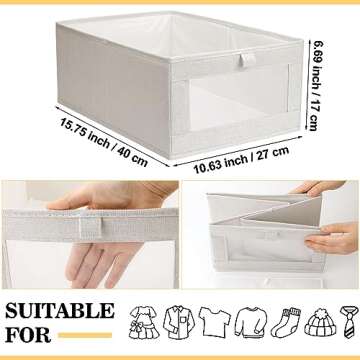 Kigley 4 Pcs Linen Closet Organizers and Storage Foldable Clothing Bins Large Foldable Box with Window Storage Baskets for Closet Shelf Clothes Jeans Toys Organization, Beige