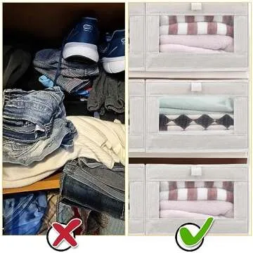 Kigley 4 Pcs Linen Closet Organizers and Storage Foldable Clothing Bins Large Foldable Box with Window Storage Baskets for Closet Shelf Clothes Jeans Toys Organization, Beige