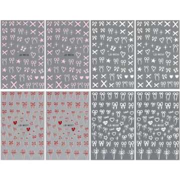 JMEOWIO 8 Sheets Heart Bow Tie Nail Art Stickers Decals Self-Adhesive Pegatinas Uñas Pink Nail Supp...
