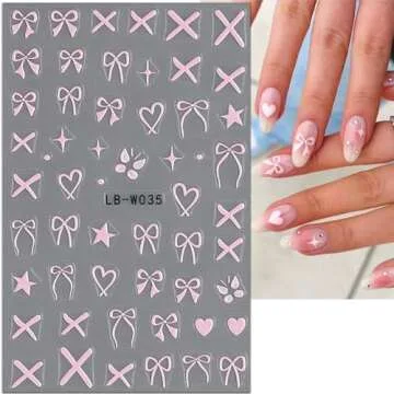 JMEOWIO 8 Sheets Heart Bow Tie Nail Art Stickers Decals Self-Adhesive Pegatinas Uñas Pink Nail Supplies Nail Art Design Decoration Accessories