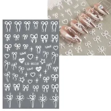 JMEOWIO 8 Sheets Heart Bow Tie Nail Art Stickers Decals Self-Adhesive Pegatinas Uñas Pink Nail Supplies Nail Art Design Decoration Accessories