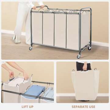 STORAGE MANIAC Laundry Sorter 4 Section, Laundry Hamper with Wheels, Laundry Basket Sorter, Laundry Separator Hamper, Laundry Divider Hamper, 4 Bag Laundry Hamper with Wheels and Removable Bags, Beige