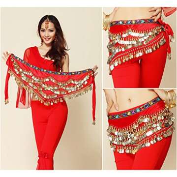 Wuchieal Red Belly Dance Hip Scarf with Gold Coins
