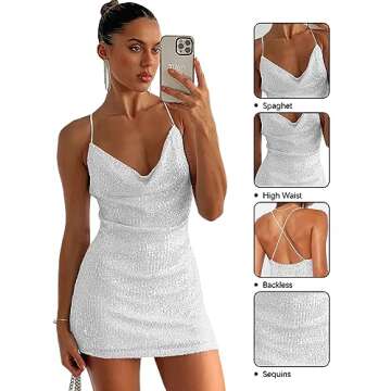 Allytok Sexy Bodycon Sequin Dress for Women Spaghetti Strap V Neck Backless Sparkly Sequin Glitter Mini Dresses Concert Party White Small
