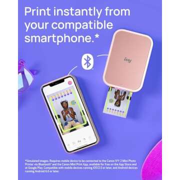Canon Ivy 2 Mini Photo Printer (Blush Pink) - Bluetooth, Print from iOS & Android Devices, Bundle Incl. 110 Zink Sticky-Back Prints, LED Light Bar, Protective Case, and USB Cable