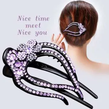 Yusier 4PCS Heart Style Ponytail Duckbill Clips with Headdresses for Women, Flower Rhinestone Barrettes Sparkly Prom Diamond Hair Clips (Plum Blossom)
