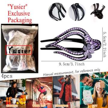 Yusier 4PCS Heart Style Ponytail Duckbill Clips with Headdresses for Women, Flower Rhinestone Barrettes Sparkly Prom Diamond Hair Clips (Plum Blossom)