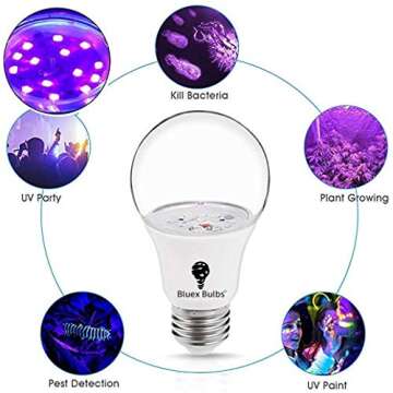 Bluex Bulbs 2 Pack LED Black Light Bulb, 9W A19 E26 Blacklight Bulb Level 385-400nm, Body Paint, Glow in The Dark LED Light Bulb Neon Glow Fluorescent Poster Black Bulb (2 Pack)