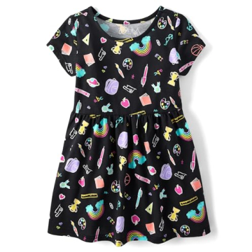 Black Doodle Short Sleeve Everyday Dresses for Girls
