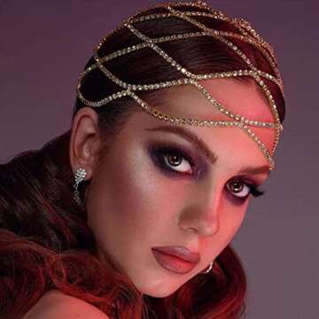 Brinie Mesh Headpiece Cap Silver Roaring 20s Crystal Flapper Head Chain Head Jewelry Art Deco Party Bridal Hair Accessories for Women and Girls (Gold)