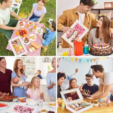 Moretoes 30pcs Cookie Boxes, 16x11x2.5 Inches Auto-Popup Bakery Boxes with Window for Pastries, Pies, Muffins, Chocolate Covered Strawberries