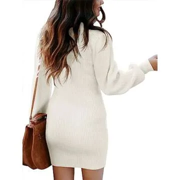 Caracilia Women Turtleneck Long Sleeve Knit Bodycon Slim Fitted Stretch Pullover Sweater Mini Dress Trendy Outfits 2024 Fall Cream White Medium