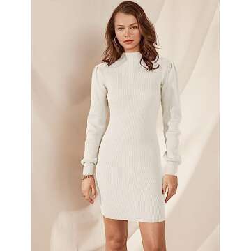 Caracilia Women Turtleneck Long Sleeve Knit Bodycon Slim Fitted Stretch Pullover Sweater Mini Dress Trendy Outfits 2024 Fall Cream White Medium
