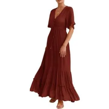 R.Vivimos Womens Summer Cotton Short Sleeve V Neck Floral Print Casual Bohemian Midi Dresses (X-Large, Brown)