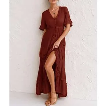 R.Vivimos Womens Summer Cotton Short Sleeve V Neck Floral Print Casual Bohemian Midi Dresses (X-Large, Brown)