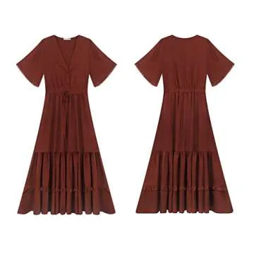 R.Vivimos Womens Summer Cotton Short Sleeve V Neck Floral Print Casual Bohemian Midi Dresses (X-Large, Brown)