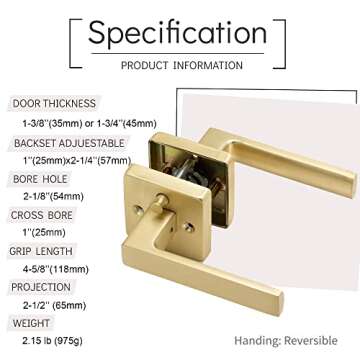 Linkaa Privacy Door Lever Gold Stain Brass Square Shape Door Handles Lever with Lock, Keyless Door L...