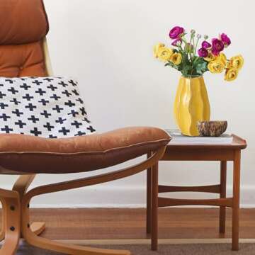 Scandi Ripple Vase, Crackle Glazed, Pop Yellow, Artisan Crafted, Stoneware, Dynamic Textured Surface, Rustic Modern Style, 2.75 D x 7 H Inches