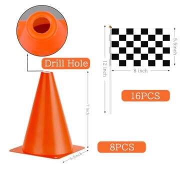 Traffic Cones with Racing Checkered Flags - 18PCS for Kids Birthday Party Supplies