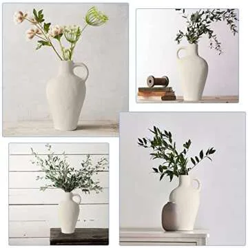 White Ceramic Vase Farmhouse Pampas Flower Vases Rustic Pottery Clay Jug for Decorative Centerpiece Minimalism Modern Home Decor Aesthetic for Wedding Dinner Table Party Living Room Bedroom