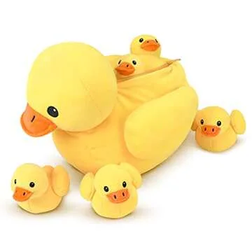 Pegmapri 14" Yellow Duck Stuffed Animal with Babies, Ducky Plush Playset with Zipper Pocket, 5pcs Ducklings Toys Plushie Birthday Gift for Kids Boy Girl