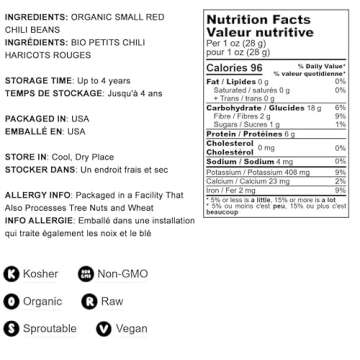 Food to Live Organic Small Red Chili Beans, 5 Pounds - Non-GMO, Kosher, Vegan, Dry, Raw, Sproutable, Non-Irradiated, Vegan, Bulk, Product of the USA