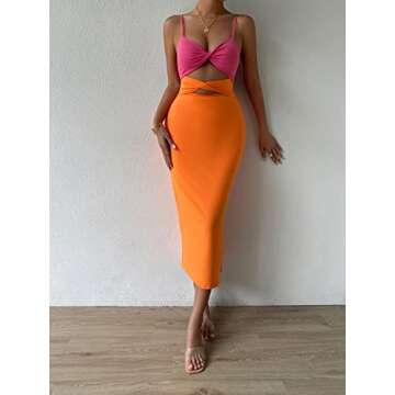 WDIRARA Women's Twist Front Split Thigh Bodycon Dress Cut Out Sleeveless Long Dresses Pink Orange XS
