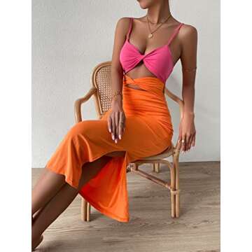 WDIRARA Women's Twist Front Split Thigh Bodycon Dress Cut Out Sleeveless Long Dresses Pink Orange XS