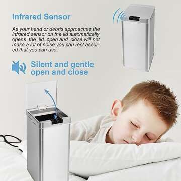 YWAQMCT Automatic Trash Cans Touchless,Smart Trash Can,Kitchen Trash Can with Lid,Stainless Steel Trash Can Apply to Kitchen | Office | Bedroom | Bathroom | Living Room (48LMG+09LG)