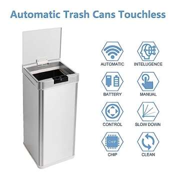 YWAQMCT Automatic Trash Cans Touchless,Smart Trash Can,Kitchen Trash Can with Lid,Stainless Steel Trash Can Apply to Kitchen | Office | Bedroom | Bathroom | Living Room (48LMG+09LG)