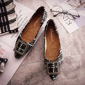Meeshine Womens Classic Pointy Toe Ballet Flats Slip On Plaid Dress Flat Shoes