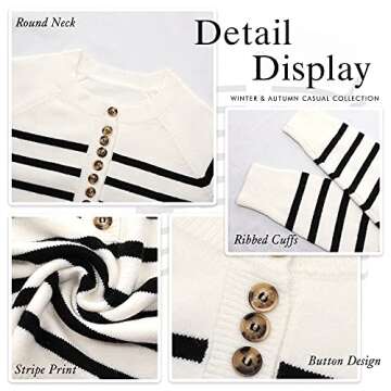 Amkoyam Winter Autumn Women’s Striped Sweaters Long Sleeves Knitted Casual Pullovers Chunky Shirt Tops (Style1-White, Small)