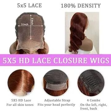 Reddish Brown 5x5 HD Lace Closure Wigs Human Hair 180% Density 33B Body Wave Lace Front Wigs Human Hair Glueless Pre Plucked 5x5 Body Wave Closure Wigs for Women Pre Plucked with Baby Hair 24 Inch
