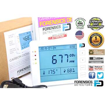 Basic CO2 Meter by Forensics | AB841 Compliant for Classrooms | USB Power & Battery | 10 Year Life | Air Quality CO2 Monitor | for Gyms, Offices, Classrooms, Home and Car |