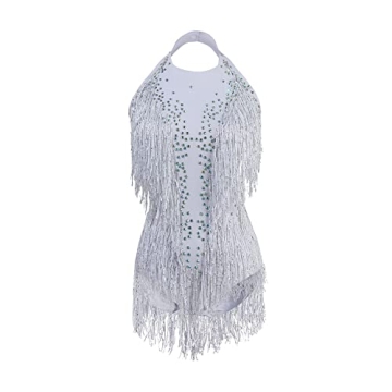 YUANTONG White Sparkle Rhinestone Bodysuit For Women Drag Queen Outfit Fringe Dance Costumes