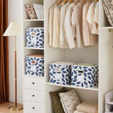 MAX Houser Fabric Storage Bins Cubes Baskets Containers with Dual Plastic Handles for Home Closet Bedroom Drawers Organizers, Flodable, Blue, Set of 4