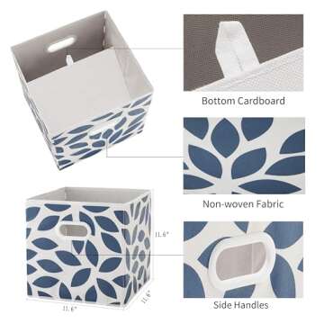 MAX Houser Fabric Storage Bins Cubes Baskets Containers with Dual Plastic Handles for Home Closet Bedroom Drawers Organizers, Flodable, Blue, Set of 4