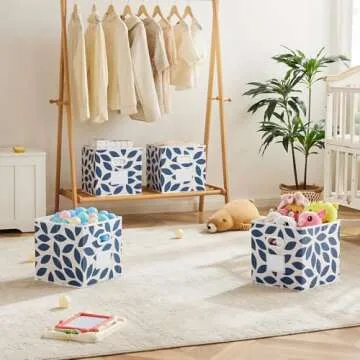 MAX Houser Fabric Storage Bins Cubes Baskets Containers with Dual Plastic Handles for Home Closet Bedroom Drawers Organizers, Flodable, Blue, Set of 4