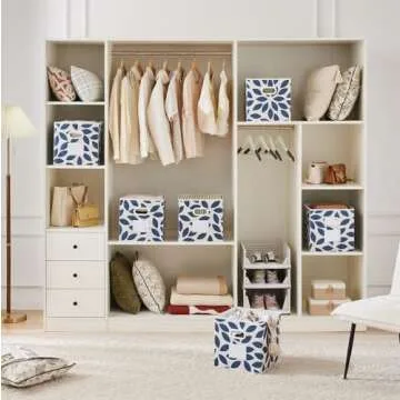 MAX Houser Fabric Storage Bins Cubes Baskets Containers with Dual Plastic Handles for Home Closet Bedroom Drawers Organizers, Flodable, Blue, Set of 4