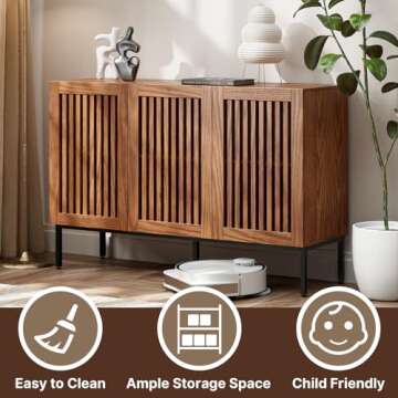 BVIUNTWO Storage Cabinet,47.2" Farmhouse Buffet Cabinet with Metal Base and Adjustable Shelves,Sideboard Coffee Bar Cabinet with 3 Doors for Kitchen,Dining Room,Living Room,Brown