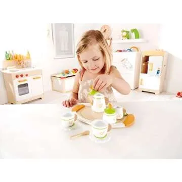 Hape Tea for Two Wooden Tea Party Playset | Wooden Pretend Play Tea Set for Kids, Kitchen Accessories Kit Includes 2-Cups, Saucers, Spoons and Serving Tray