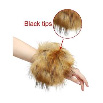 LA CARRIE Women's Leopard Print Faux Fur Wrist Cuffs,Winter Fox Furry Bands Arm Warmer (Nature)