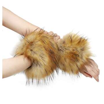 LA CARRIE Women's Leopard Print Faux Fur Wrist Cuffs,Winter Fox Furry Bands Arm Warmer (Nature)