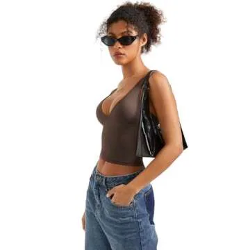 SUUKSESS Women Sexy V Neck V Back Sleeveless Tank Top Summer Going Out Basic Top Scoop Neck Double Lined Y2K Crop Top (Brown,S)