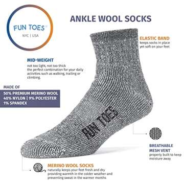 FUN TOES Merino Wool Hiking Ankle Socks for Comfort