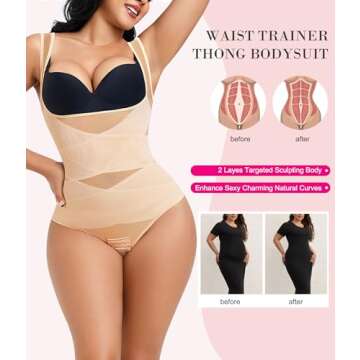 Nebility Thong Shapewear Bodysuit for Women Tummy Control Body Shaper Faja Seamless Waist Trainer Co...