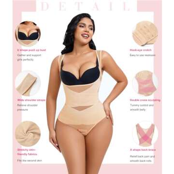 Nebility Thong Shapewear Bodysuit for Women Tummy Control Body Shaper Faja Seamless Waist Trainer Corset Stomach Girdles(X-Large,Beige Thong)